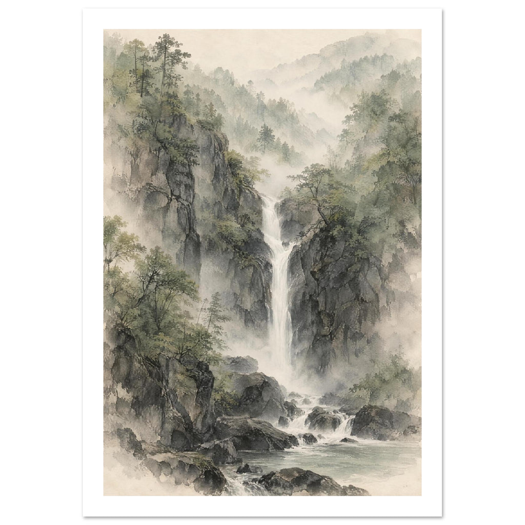 Waterfall cascading between rocky, tree-covered cliffs into a pool, with misty forested hills in muted green and grey.