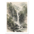 Waterfall cascading between rocky, tree-covered cliffs into a pool, with misty forested hills in muted green and grey.