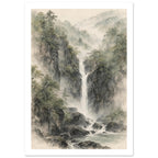 Waterfall cascading between rocky, tree-covered cliffs into a pool, with misty forested hills in muted green and grey.