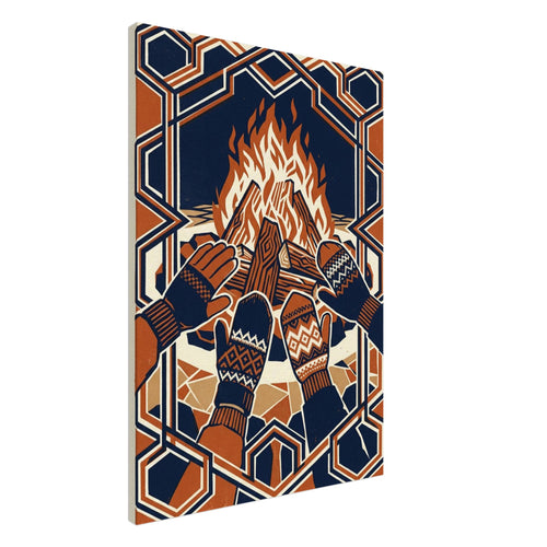 Four gloved and mittened hands held towards a bonfire, in navy, rust and cream with an interlocking geometric border.