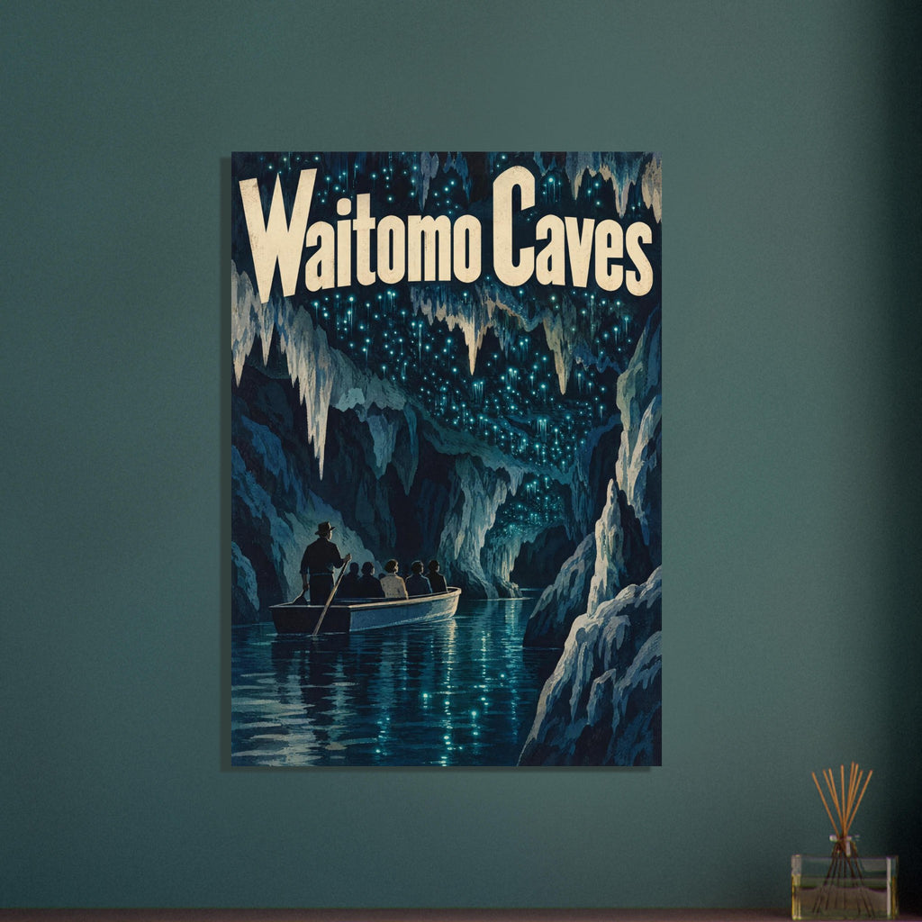 Waitomo Caves lettering above a blue cavern filled with glowing lights, with passengers in a boat on reflective water.