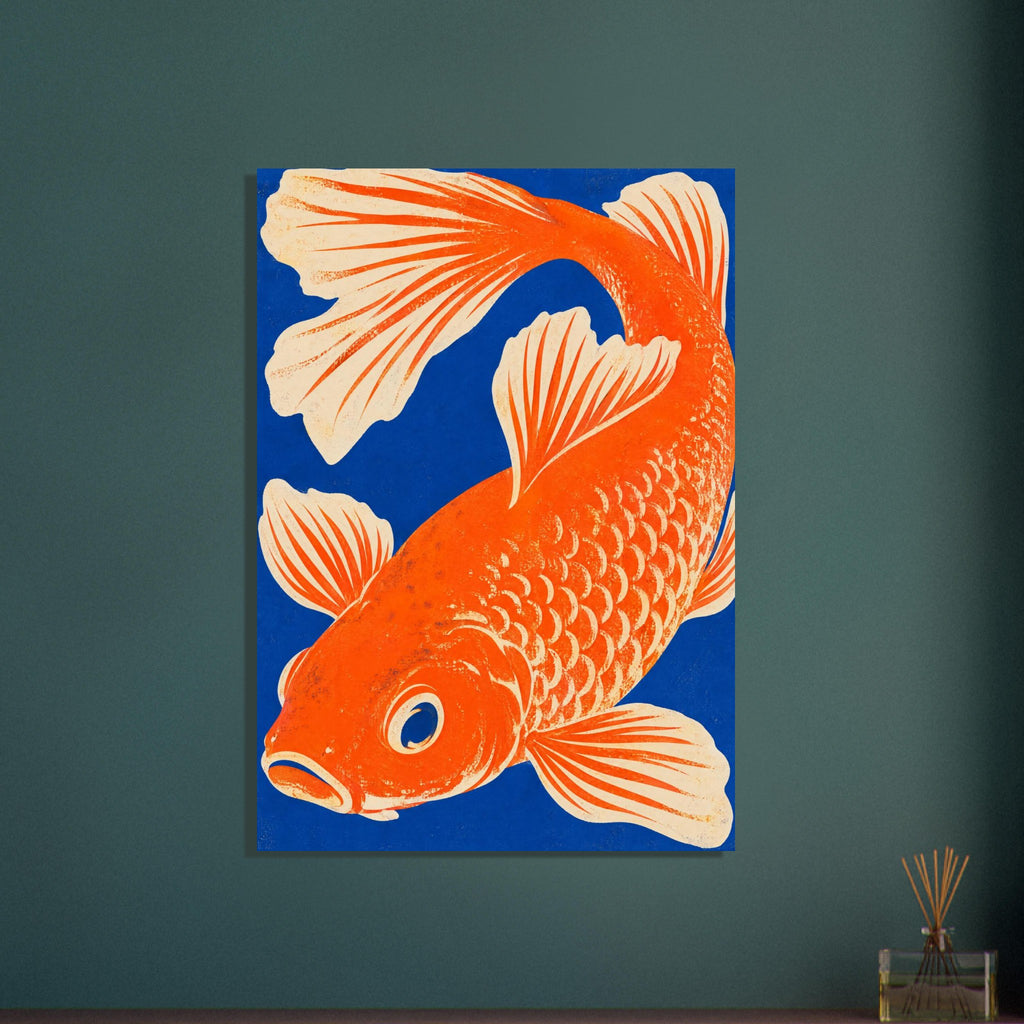Orange fish curving across a deep blue background, with cream fins, patterned scales and a distressed texture.