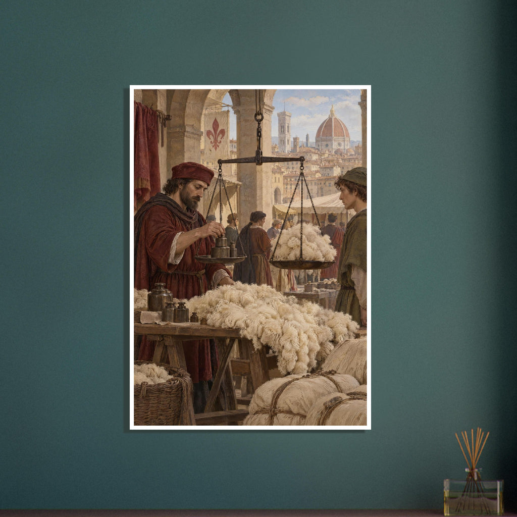 Wool merchant adjusting hanging scales beneath stone arches, with cream fleece and Florence's cathedral in the distance.