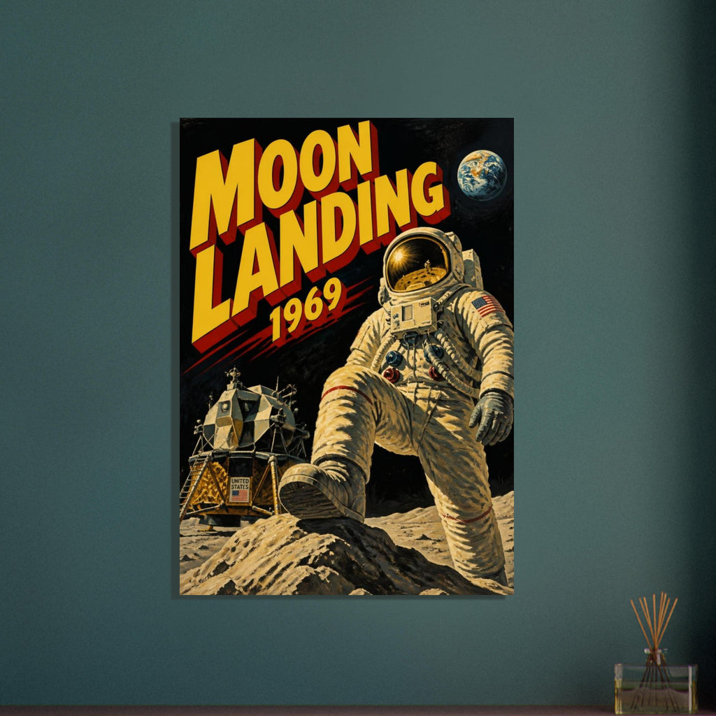 Astronaut on rocky lunar ground beside a lunar module, with Earth above and bold yellow ‘Moon Landing 1969’ lettering.