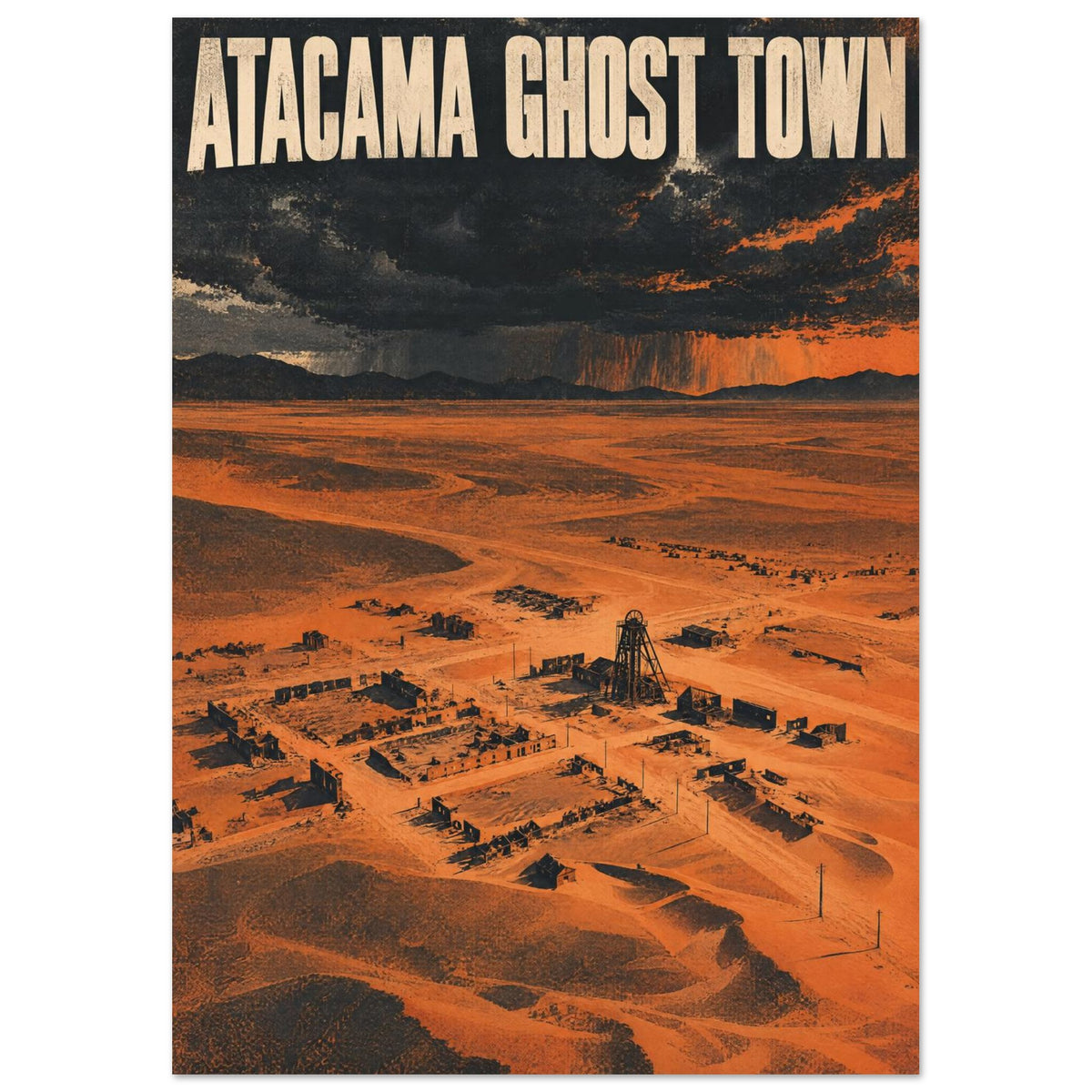 Atacama Ghost Town lettering above orange desert ruins and a skeletal tower beneath dark storm clouds.