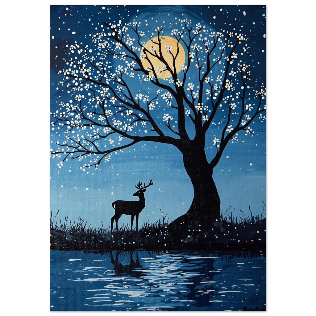 Deer beneath a black tree with white blossom-like dots, a yellow moon in a blue sky and reflections in water below.