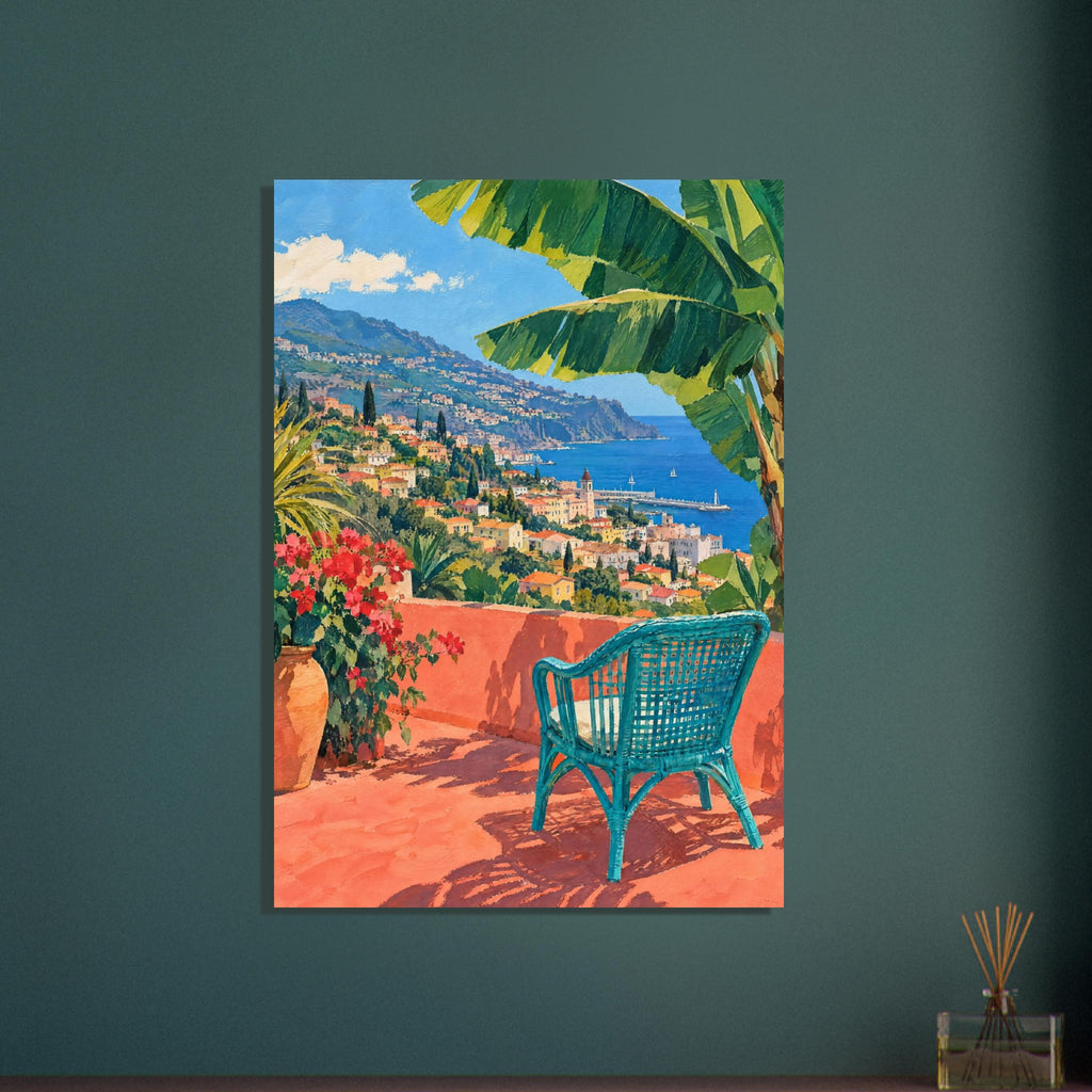Turquoise woven chair on a coral terrace beneath large green leaves, overlooking a hillside town and blue sea.