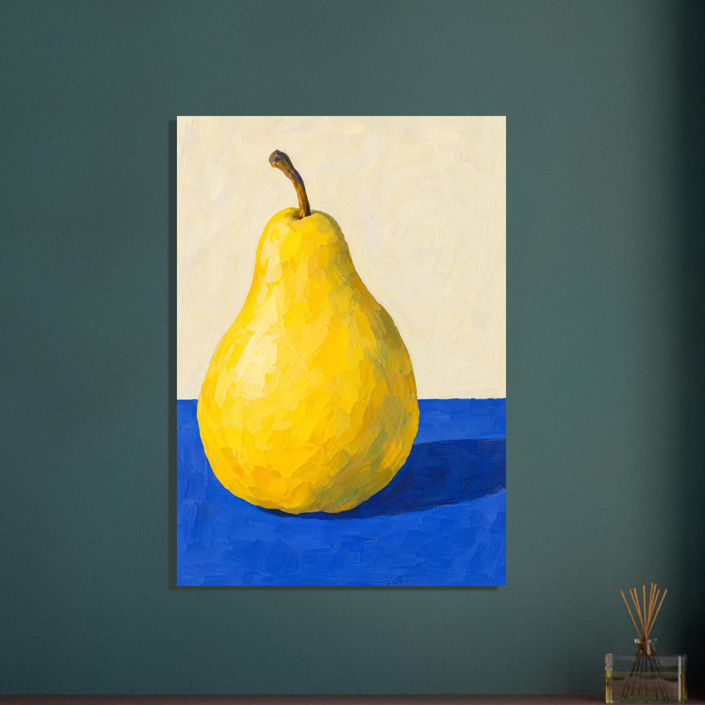 Yellow pear with a curved brown stem on a cobalt-blue tabletop, casting a dark shadow against a cream background.