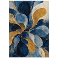 Abstract petal-like swirls in navy, pale blue, ochre and cream, with textured surfaces and fine golden-toned outlines.