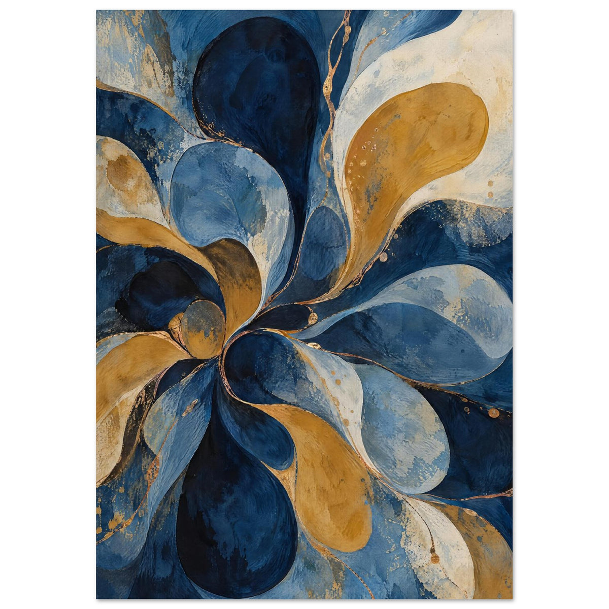 Abstract petal-like swirls in navy, pale blue, ochre and cream, with textured surfaces and fine golden-toned outlines.
