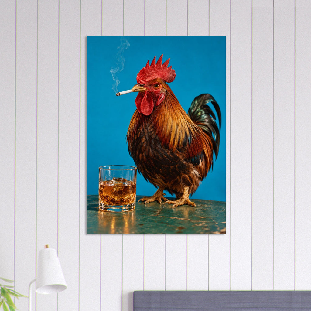 Rooster holding a smoking cigarette beside a glass of amber liquid and ice against a bright blue background.