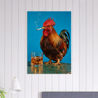 Rooster holding a smoking cigarette beside a glass of amber liquid and ice against a bright blue background.