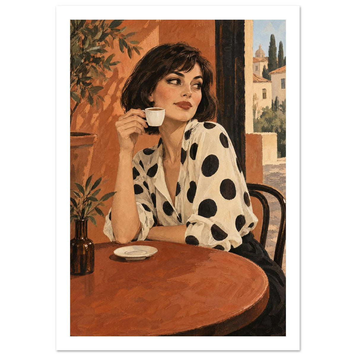 Woman With Espresso Retro Art Print – White Border