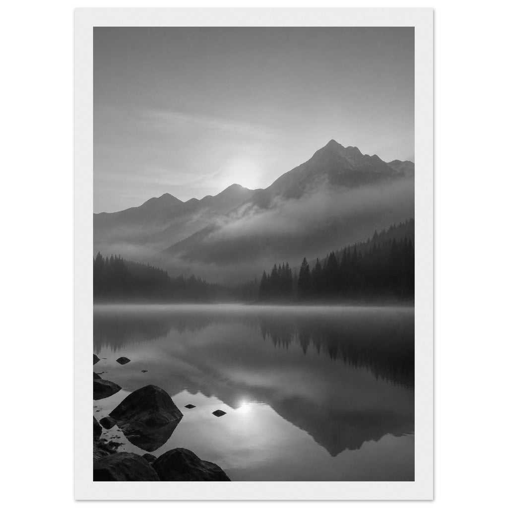 Mountain peaks and conifer forests reflected in a misty lake, with rocks in the foreground, in black and white.
