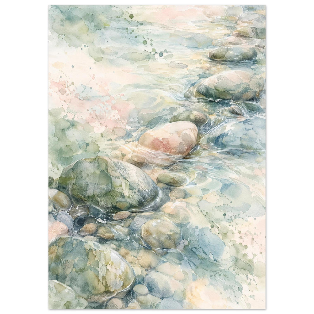 Watercolour of rounded pebbles in shallow flowing water, with soft blue, green and cream washes and fine white ripples.