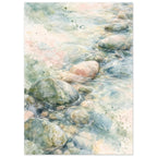 Watercolour of rounded pebbles in shallow flowing water, with soft blue, green and cream washes and fine white ripples.