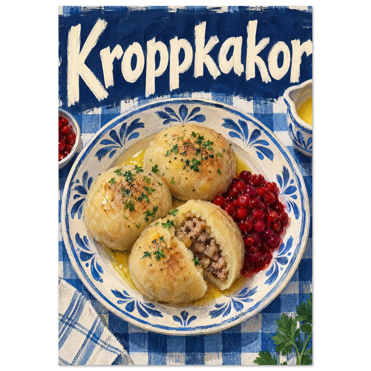 Kroppkakor dumplings with red berries on a blue patterned plate over gingham, beneath large cream Kroppkakor lettering.