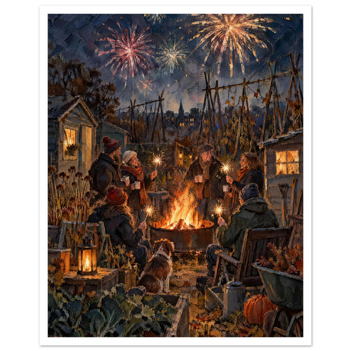 People with sparklers gather around a fire pit with a dog in an allotment, beneath fireworks in a dark blue sky.