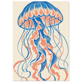 Jellyfish with a blue and coral scalloped bell and long curling tentacles on a textured cream background.