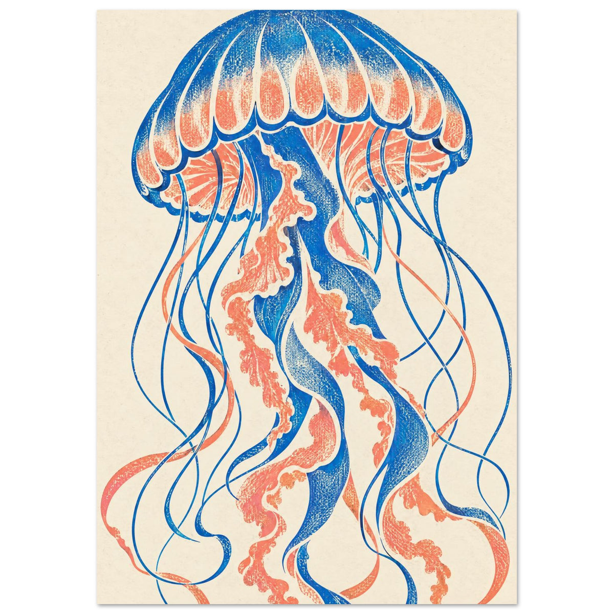 Jellyfish with a blue and coral scalloped bell and long curling tentacles on a textured cream background.