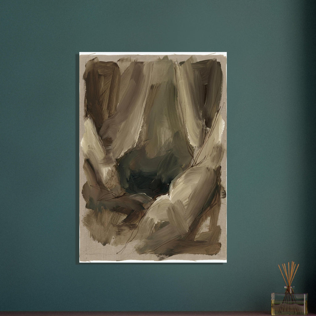 Abstract sweeping brushstrokes in taupe, brown and muted olive, with fine dark lines and irregular edges on a woven backdrop.