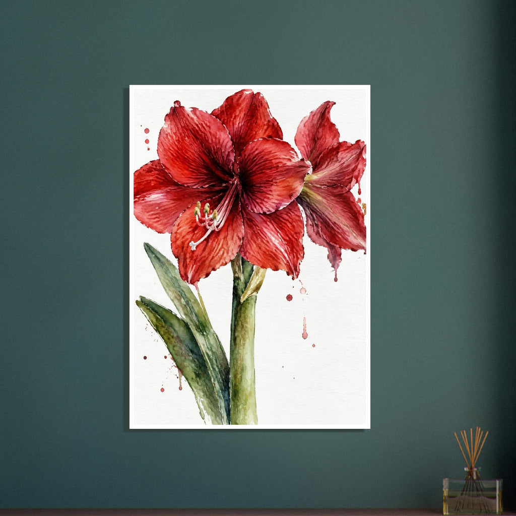 Red amaryllis flowers with shaded petals, pale stamens and long green leaves in watercolour on white with paint splashes.