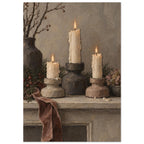 Quiet Christmas Candlelight shows three squat candleholders with uneven ivory candles and a velvet ribbon on a narrow neutral