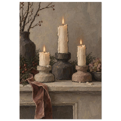 Three ivory candles in stone holders on a narrow table with a burgundy ribbon and bare branches.
