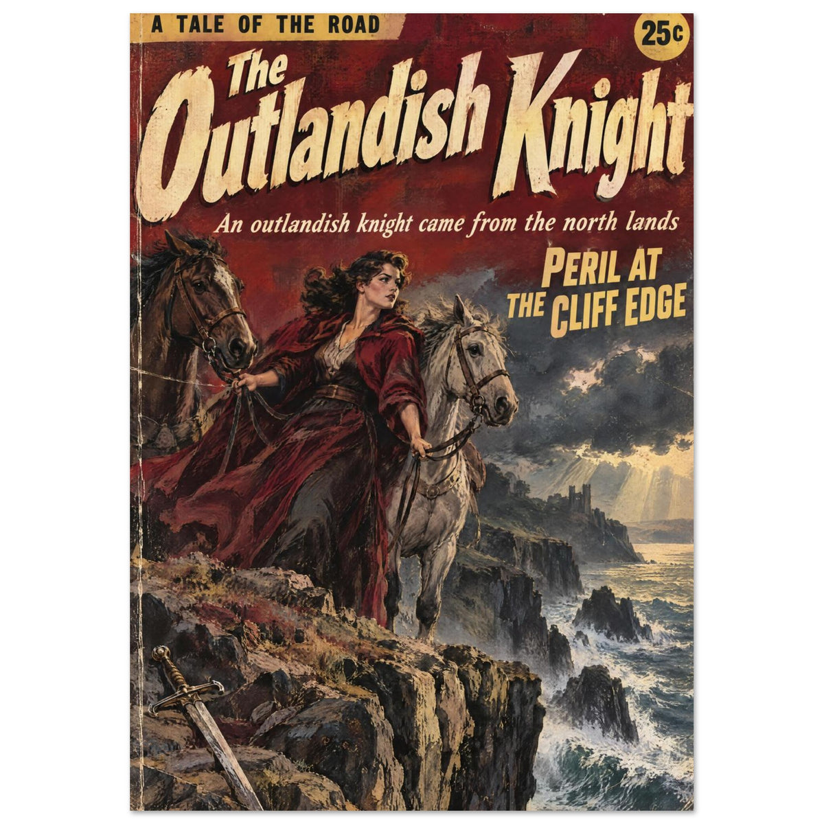 Woman in red between two horses on sea cliffs, with stormy waves, a sword and large ‘The Outlandish Knight’ lettering.