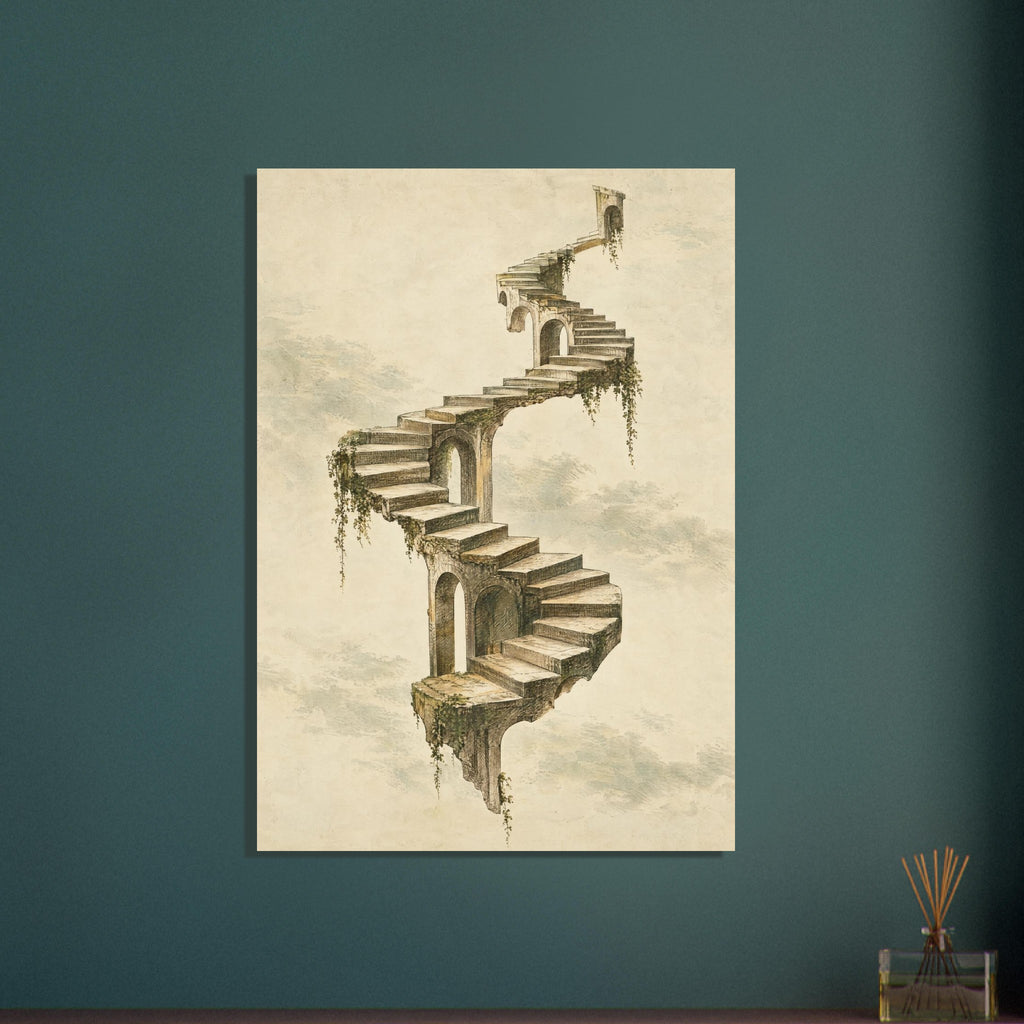 Floating stone staircase winding through pale clouds, with arched openings and trailing greenery on a cream background.