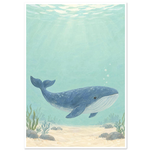 Blue whale swimming through pale aqua water above a sandy seabed with rocks and sea plants, beneath sunlit ripples.
