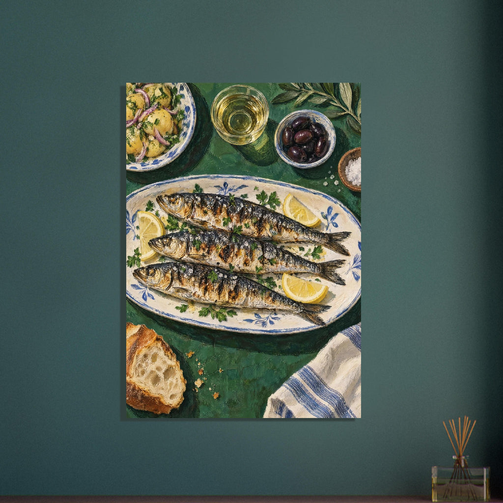 Three grilled fish with lemon and herbs on a patterned platter, with olives, potatoes and bread on a green table.