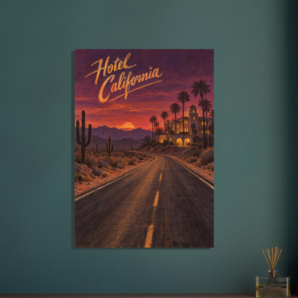 Hotel California lettering above a desert road, cacti and a palm-lined hotel beneath an orange and purple sunset.