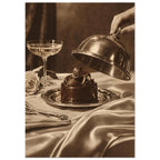 Chocolate cake on an ornate plate beneath a hand lifting a cloche, with a glass, rose and draped fabric in sepia tones.
