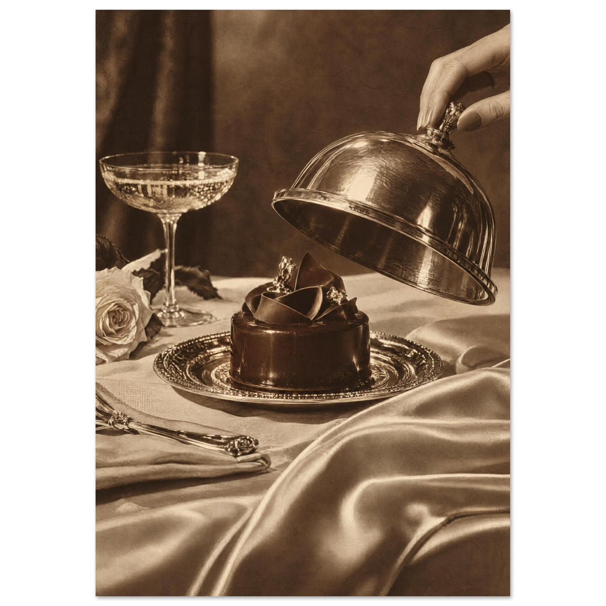 Chocolate cake on an ornate plate beneath a hand lifting a cloche, with a glass, rose and draped fabric in sepia tones.