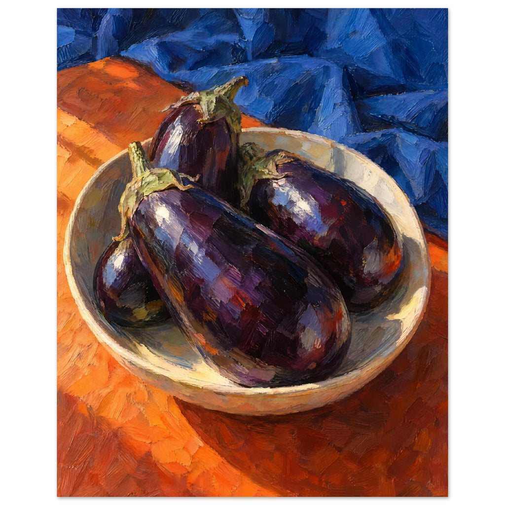 Purple aubergines in a shallow cream bowl on an orange surface, with folded blue fabric and bold visible brushstrokes.