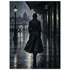 Raincoat at Midnight, a rear-view figure in a long raincoat under an awning, outlined above wet pavement in navy and charcoal
