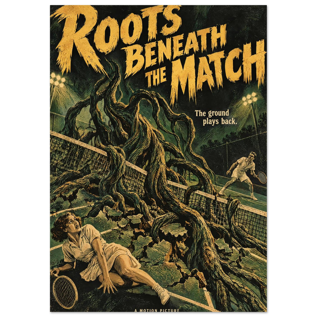 Giant roots tear through a tennis court around two players beneath yellow ‘Roots Beneath the Match’ lettering.
