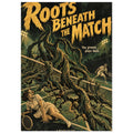 Giant roots tear through a tennis court around two players beneath yellow ‘Roots Beneath the Match’ lettering.