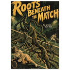 Giant roots tear through a tennis court around two players beneath yellow ‘Roots Beneath the Match’ lettering.