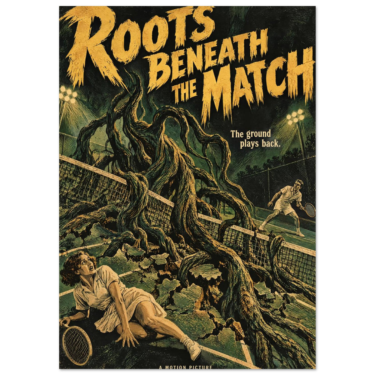 Giant roots tear through a tennis court around two players beneath yellow ‘Roots Beneath the Match’ lettering.