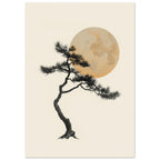 Pine tree with a curved dark trunk and fine needles in front of a mottled ochre circle on a cream background.