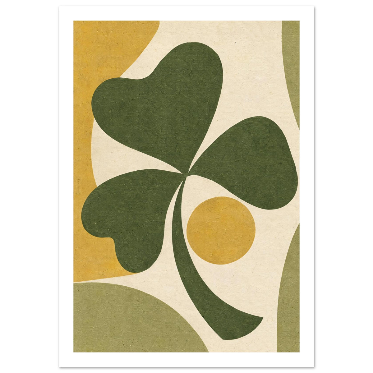 Green three-leaf shamrock with a curved stem, yellow circle and flowing mustard and muted green shapes on cream.