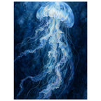 Pale blue jellyfish with a translucent bell and long, rippling tentacles against a deep blue watercolour background.