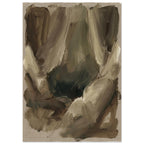 Abstract sweeping brushstrokes in taupe, brown and muted olive, with fine dark lines and irregular edges on a woven backdrop.