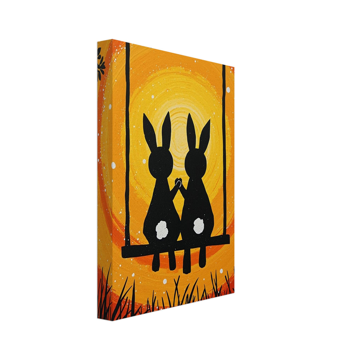 Two black rabbits with white tails hold paws on a swing, surrounded by branches and grass against yellow and orange swirls.