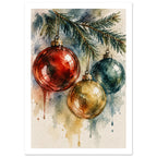 Red, teal and gold Christmas baubles hanging from an evergreen branch, painted in watercolour with trailing drips.