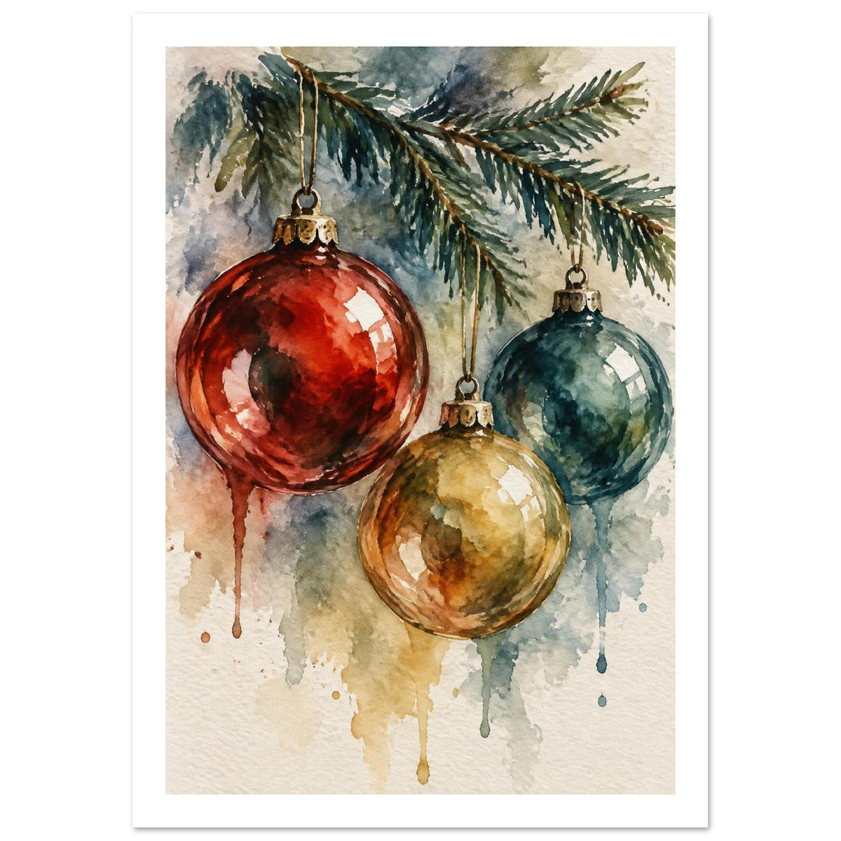 Red, teal and gold Christmas baubles hanging from an evergreen branch, painted in watercolour with trailing drips.