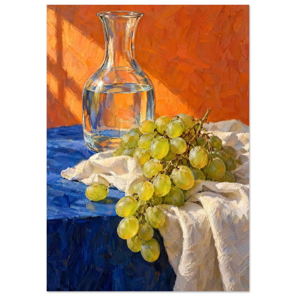 Green grapes on cream fabric beside a glass carafe of water, with a blue tabletop and textured orange background.