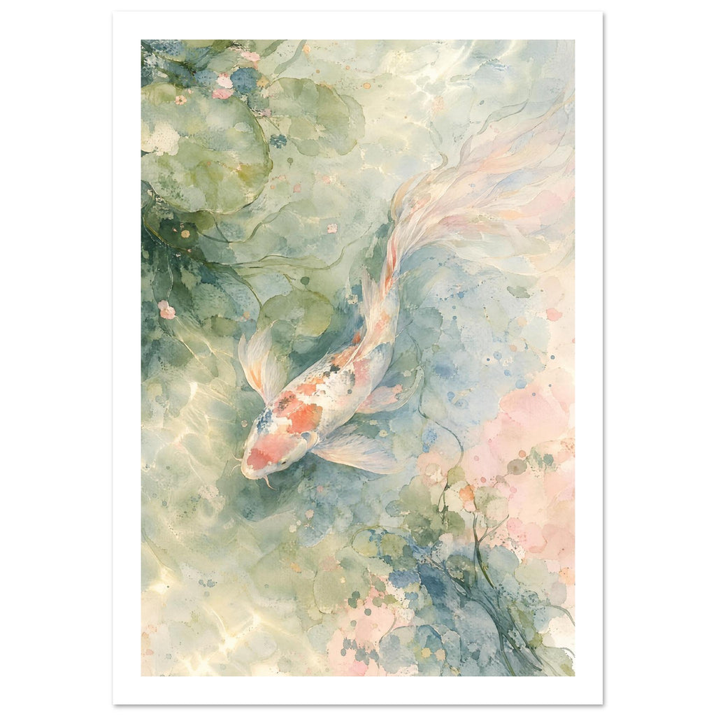 Long-finned koi with coral and dark markings swimming among lily pads in pale green, blue and blush watercolour washes.